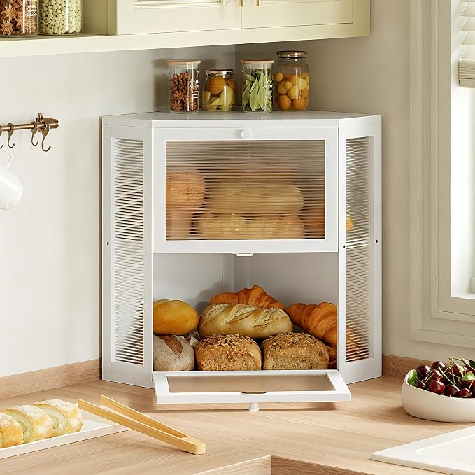 WOWLIVE Corner Bread Box for Kitchen Countertop, Double Layer Bamboo Bread Storage Container, Large Farmhouse Bread box with Acrylic Wavy Door Panel, Under Cabinet Organizer (White, Extra Large)