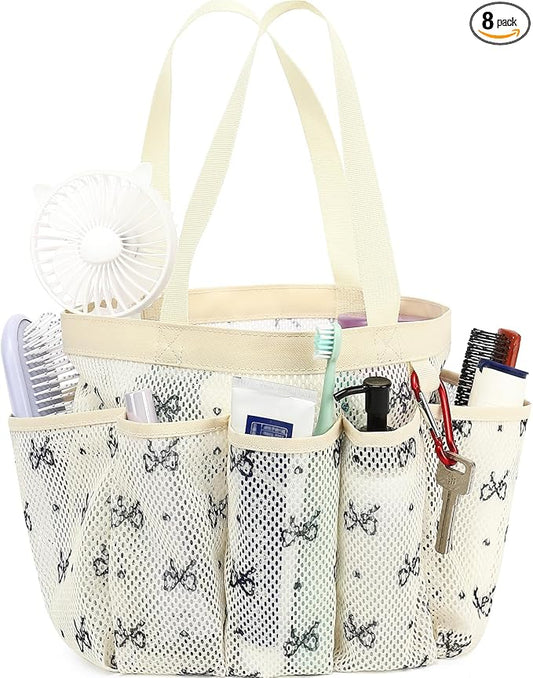 Fammart Mesh Shower Caddy Portable for College Dorm Room Essentials, Odorless Polyester Large Shower Tote Bag with Dual Handles, 8-Pocket Quick-Dry Toiletry Organizer for Travel, Beach, Camping, Gym