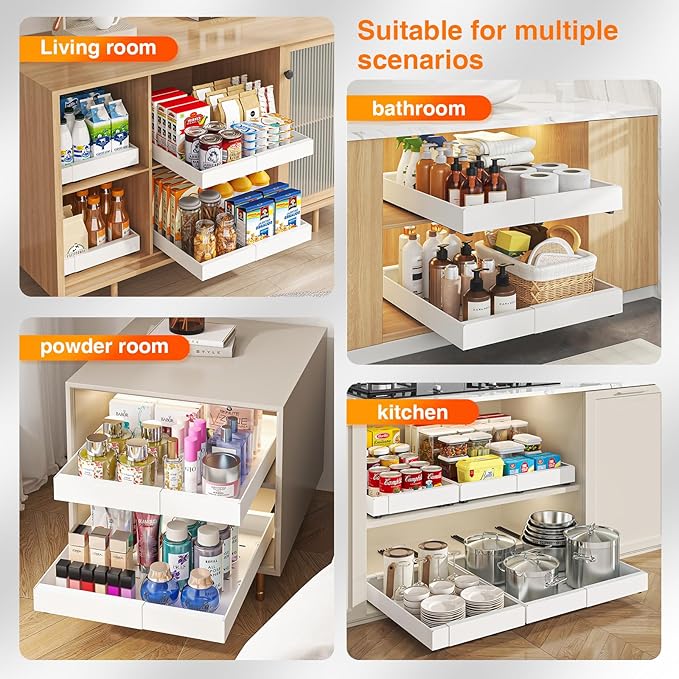 Expandable Pull Out Cabinet Organizer, Slide Out Cabinet Shelves with 3 Quiet Rails, Nano Adhesive No Drill Roll Out Drawers for Kitchen, Pantry, Bathroom, 12.6"-20.4" W x 21" D, White