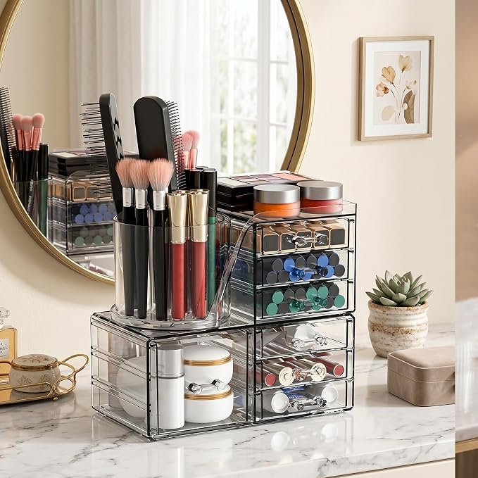 ShineMe Make Up Organizers for Vanity, 2 Tier Acrylic Stackable Cosmetic Organizer with Rotating Makeup Brush Holder & 7 Drawers, Clear Hair Accessory Organizer Countertop for Dresser, Bathroom