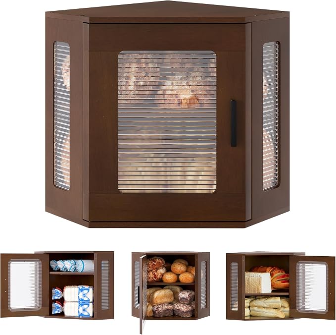 TQVAI Bread Box for Kitchen Countertop Large Corner Bread Loaf Storage Container Double Layer Wooden Bread Boxes Bin Farmhouse Pantry Shelf with Acrylic Window, Retro Brown