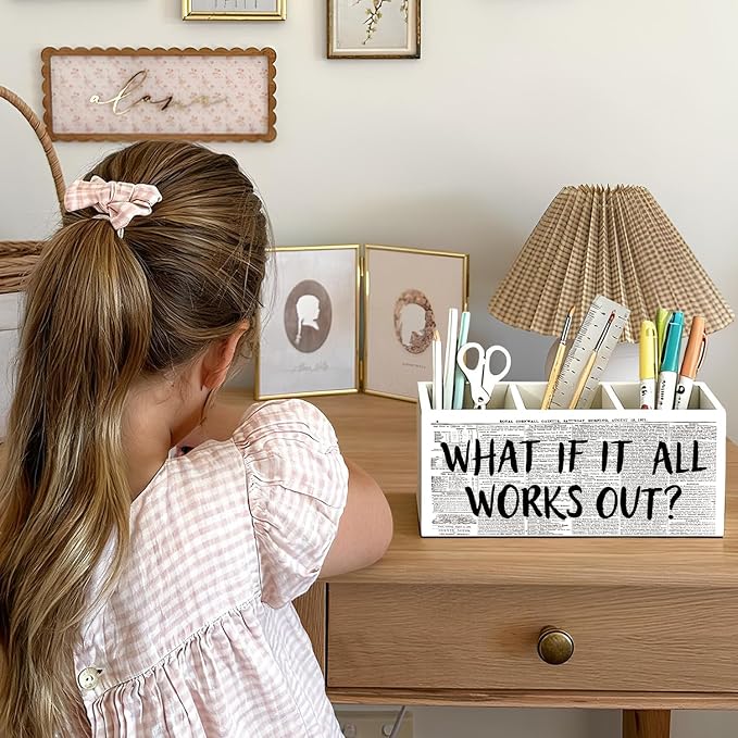What If It All Works Out Pen Holder, Positive Affirmation Gifts for Women Pencil Holder for Desk, Inspirational Motivational Wooden Box Sign Decorations for Girly Room Dorm Desk Tabletop