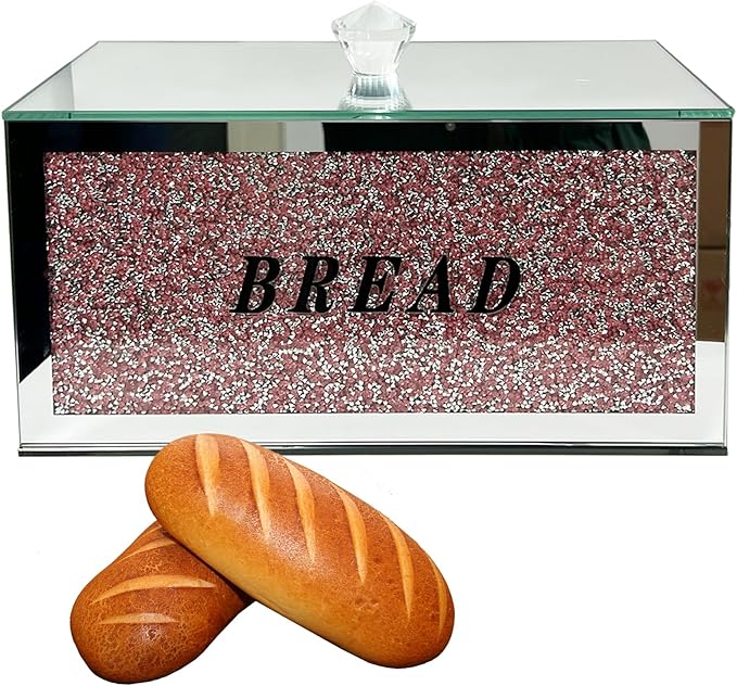 Large Crystal Glass Bread Container Box with Lid, 12.2" L x 6.3" W x 7.9" H Homemade Bread Storage, Crushed Diamond Home Decor, Keep Bread Fresh Clean, Bread Bin for Kitchen Countertop (Pink)
