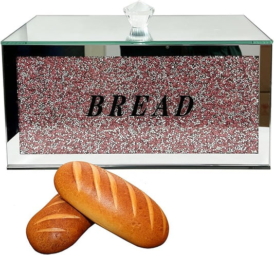 Large Crystal Glass Bread Container Box with Lid, 12.2" L x 6.3" W x 7.9" H Homemade Bread Storage, Crushed Diamond Home Decor, Keep Bread Fresh Clean, Bread Bin for Kitchen Countertop (Pink)
