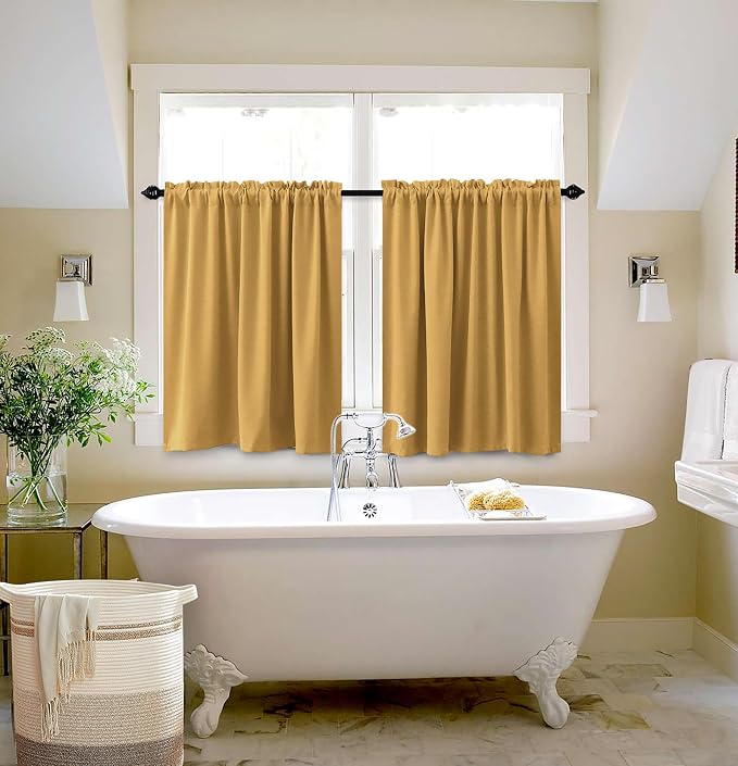 KOUFALL Sun Light Gold Kitchen Curtains 30 Inch Length Set of 2 Pack Rod Pocket Short Curtains for Small Bathroom