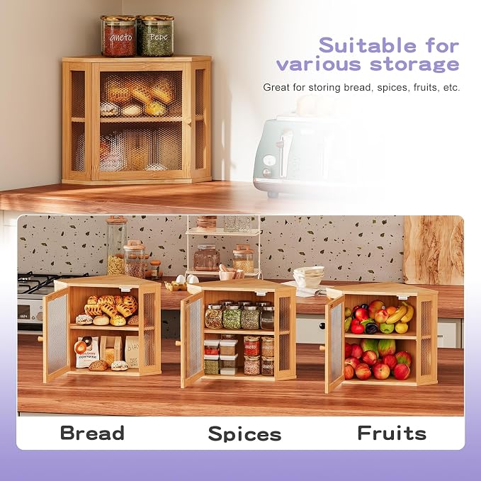Bamboo Bread Box with Acrylic Window Display,Kitchen Countertop Storage, (Natual, Extra Lage)