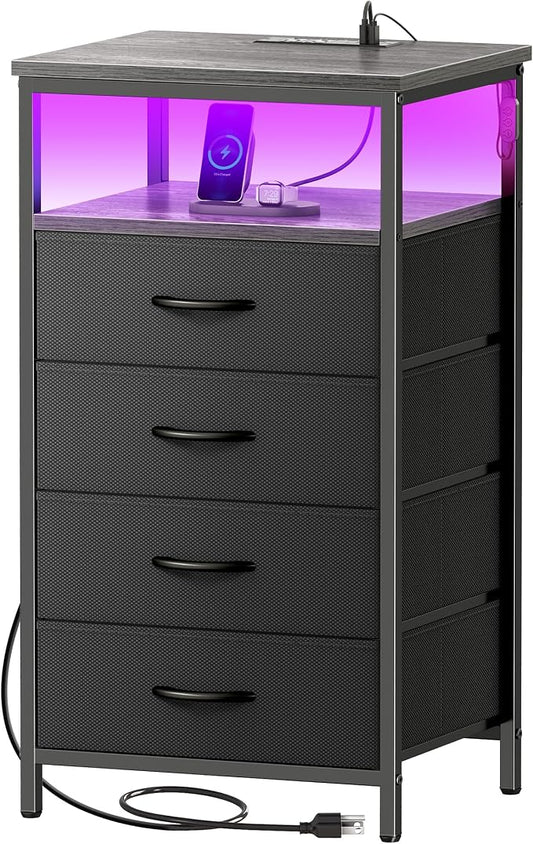 Huuger Night Stand with Charger Station and LED Lights, 4 Drawer Nightstand, Bed Side Table with Open Shelf, End Table, Fabric Dresser for Bedroom, Grey