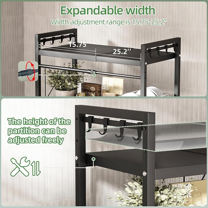 NETEL Expandable Microwave Stand with Cutting Board Holder and Knife Holder,2 Tier Metal Kitchen Countertop Organizer Shelves with 8 Hooks,Bakers Rack,55lbs Weight Capacity,Black