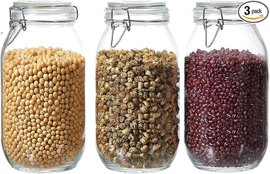 ODBCYWM 68oz Glass Food Storage Jars with Airtight Lids, Set of 3 – Clear Preserving Seal Wire Clip Fastening Canisters for Kitchen Canning, Flour, Cereal, Pasta, Sugar, Beans, Pickling Jars (68oz*3)