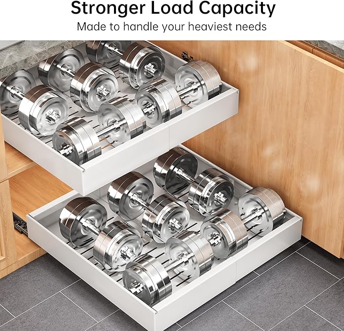 Pull out Cabinet Organizer, 1 pack, 20.5" Deep Heavy Slide out Drawers, Upgrade Three Triple-Slide Rail Systems, Expandable 12.8"-20.8" Roll out Shelf Storage for Kitchen Base Cabinet Organization