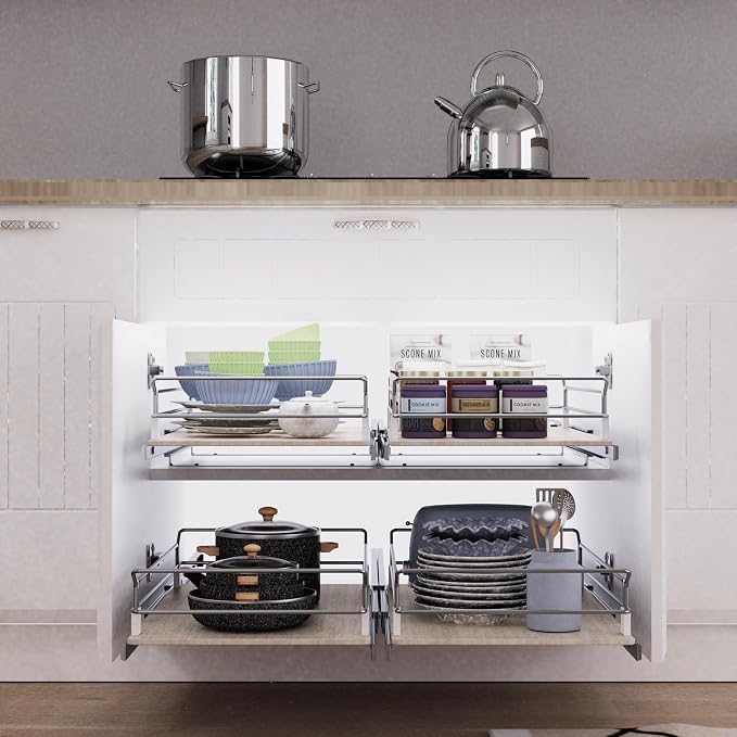 Pull Out Cabinet Organizer 20" W X 22" D, Slide Out Drawers For Kitchen Organizers and Storage, Pull Out Drawers For Cabinets Capacity Heavy Duty Caddy, Cabinet Shelves Wood Chrome, Pantry Storage