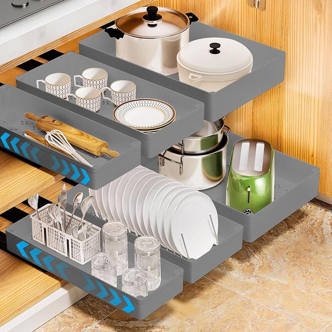 PrecisionAuto Expandable Pull-Out Cabinet Organizer for Kitchen Cabinets - Heavy Duty Slide-Out Drawer, Adjustable Adhesive, No Drill, Under Shelf Storage for Pots & Pans - Large