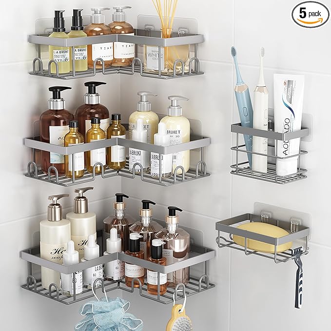Liuoud Corner Shower Caddy 5 Pack, Rustproof Stainless Steel Shower Organizer with Soap Rack Toothbrush Holder, Large Capacity Adhesive No Drilling Bathroom Kitchen&Home Decor Set, Grey