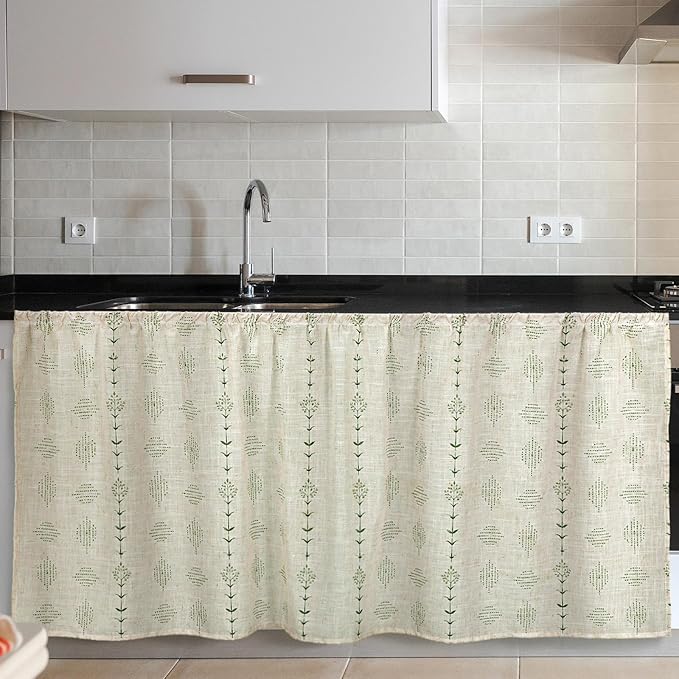 VitalCozy Cabinet Curtain 28" W x 51" L Sink Skirt for Bathroom Kitchen Green Flowers Striped Short Curtain for Home Classroom Farmhouse Rustic Drape Under Desk Privacy Drape for Laundry Room