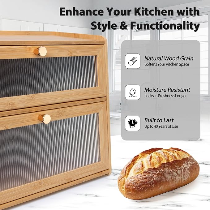 Beautiful Bamboo Bread Box for Kitchen Countertop Non-toxic Double Layer Wooden Breadbox Vitamin Organizer Supplement Bottle Organizer Vitamin Bottle Storage Food-Safe (Assemble Instruction Updated)