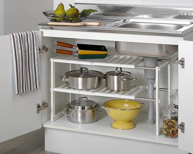 COELO Under Sink Organizer 2-Tier Expandable Shelf Kitchen Bathroom Cabinet Multi-purose Storage Standing Rack, White