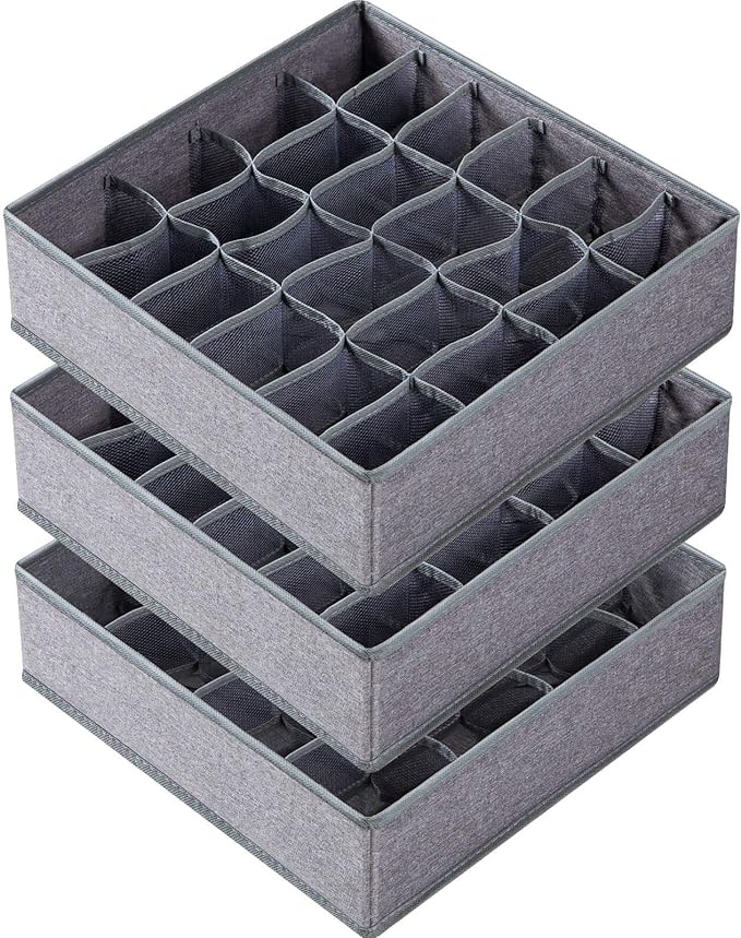 Criusia 3 Pack Sock Underwear Drawer Organizer Dividers, 64 Cell Fabric Foldable Dresser Organizer for Closet Organizers and Storage Boxes for Organizing Socks, Underwear, Ties (16+24+24 Cell, Gray)