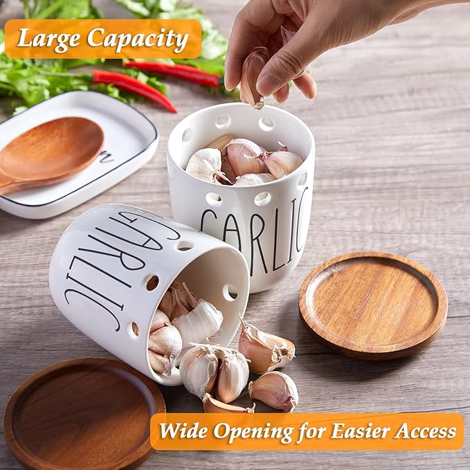 DAYYET Large Garlic Keeper for Counter, Ceramic Garlic Keeper with Acacia Wood Lid, Garlic Holder Storage Container, Garlic Saver for Kitchen, Farmhouse Kitchen Decor and Accesorries, White