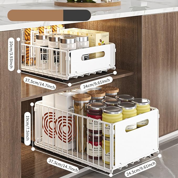 Pull Out Cabinet Organizers Large Capacity with Nano Adhesive Tallened Guardrail Anti Fall Design for Bathroom & Kitchen Cabinets Pantries (White, L-2Pcs)