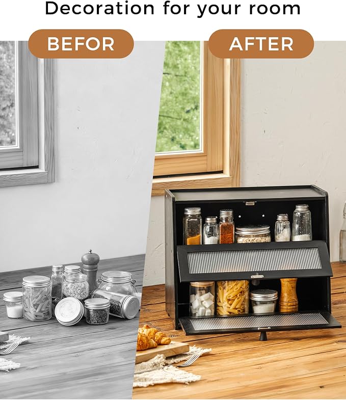 Double layer Bread Box for Kitchen Countertop Vitamin Bottle Storage Supplement Bottle Organizer Vitamin Organizer(Black)