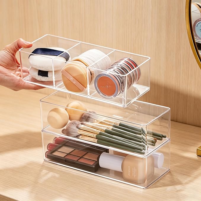 3-Compartment Clear Acrylic Organizer, Makeup Sponge & Puff Holder for Vanity Countertop, Bathroom, Cosmetic Station & Dressing Table