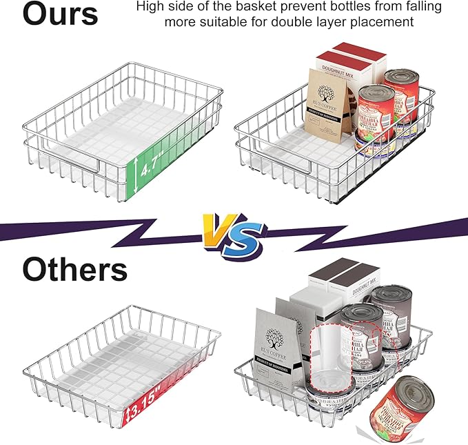 Pull out Cabinet Organizer, Stainless Steel 4-Pack (9.8"W x 16.5"D) Full-Extension Slide out Drawer, Adhesive Roll out Can Spice Storage Basket Shelf Rack for Pantry, Kitchen, Bathroom, Home Closet