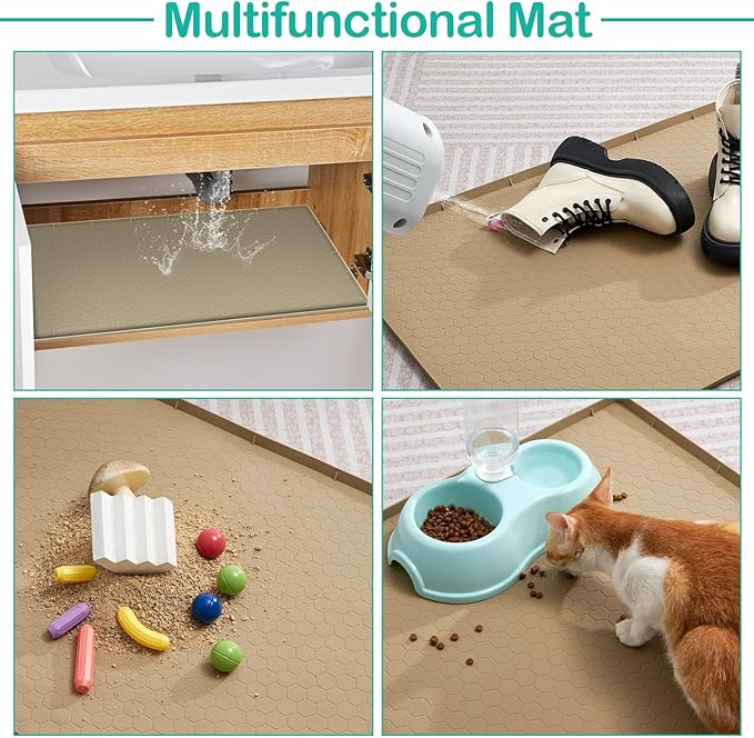 Waterproof Under Sink Mat 34" x 22", Silicone Cabinet Liner, Rubber Protector for Kitchen and Bathroom, Keeps Cabinets Clean, Dry, and Organized (Beige)