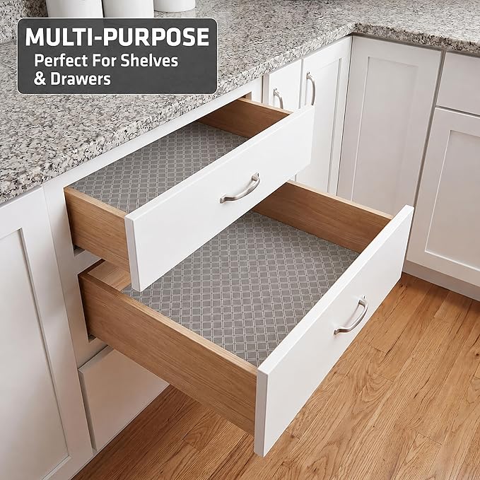 Drymate Premium Luxury Shelf & Drawer Liner, Thick Cushioned Fabric, Non-Adhesive, Absorbent, Waterproof, Slip-Resistant, Liners for Kitchen Cabinets, Cupboards (USA Made)(12”x59”)(2-Pack)(Taupe)