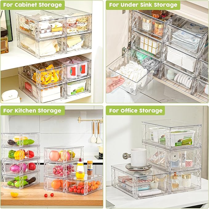 8 Pack Acrylic Storage Drawers, Clear Stackable Storage Drawers, Acrylic Organizers Drawers for Under Sink, Pantry, Bathroom, AcrylicStorage Containers for Makeup Organizers Cosmetic Display, Medium