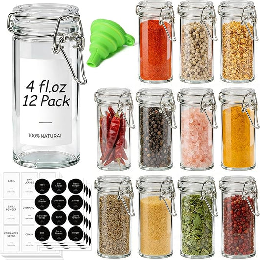 ComSaf 12 Pack 4 oz Glass Spice Jars with Airtight Swing Top Lids, Small Clear Containers for Pantry Organization, Herb Storage, DIY Crafts & Gifts - Complete Set Includes Funnel & Spice Labels