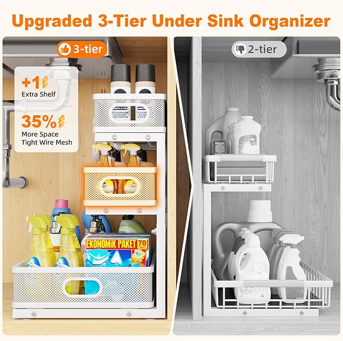 Under Sink Organizer, 2-Pack 3-Tier White Metal Pull Out Cabinet Organizer, Slide Out Under Sink Storage Drawers, Under The Sink Organization and Storage Shelf for Kitchen Bathroom Pantry Laundry Room
