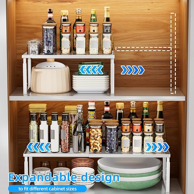 Shelf Organizer Stackable 1 Pack: Expandable (15.8"-25.5") Spice Rack Height Adjustable(6.2"/7.3"/8.5") Kitchen Organizer Countertop Metal Shelves for Pantry Storage White