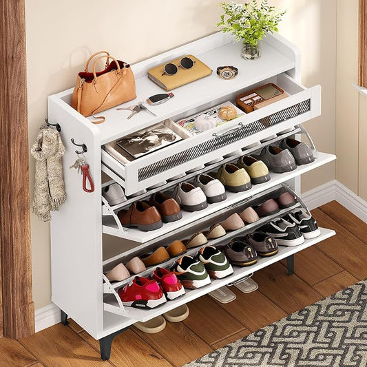 TEENFON Shoe Cabinet with 2 Flip Drawers & Top Drawer, Farmhouse Narrow Shoe Storage Cabinet with Adjustable Shelves & Hooks, Freestanding Hidden Slim Shoe Rack Cabinet for Entryway, Hallway, White