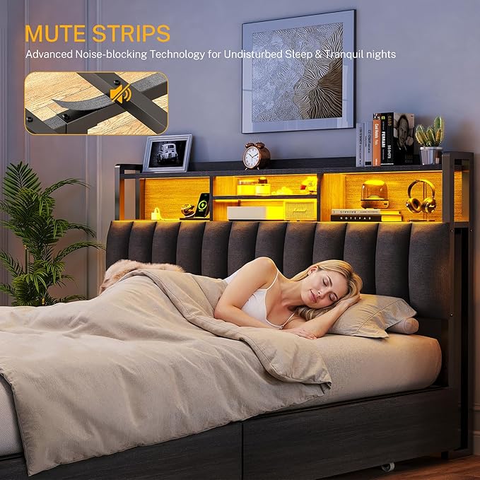 TEENFON Queen Bed Frame with 4 Storage Drawers and LED Lights, Upholstered Headboard with Shelves and Built in Charging Station, Metal Platform Noise-Free/No Box Spring Needed, Black
