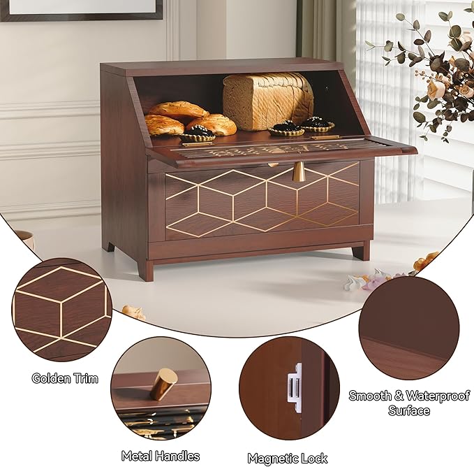 HOLTICO Double Layer Bread Box With Golden Trim for Countertop, Wooden Bread Container for Kitchen Counter, Corner Bread Storage, Brown
