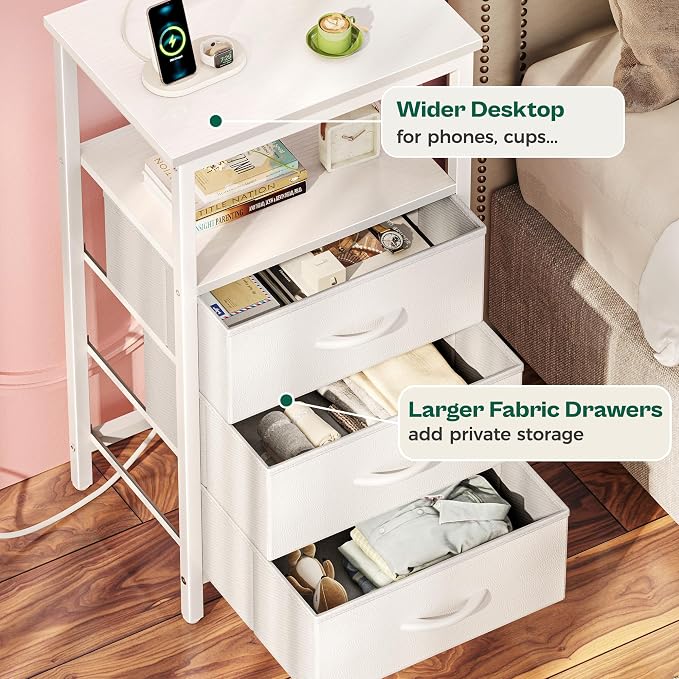 Huuger Night Stand with Charger Station and LED Lights, 3 Drawer Nightstand, Bed Side Table with Open Shelf, End Table, Tall Fabric Dresser for Bedroom, PU Leather, White