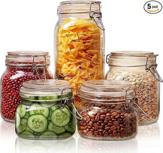 Multi Size - 5 Pack Square Glass Jars with Airtight Lid, Wide Mouth Mason Jars with Clamp Lids, Air Tight Glass Canisters, Best Food Storage Containers for Cereal, Pasta, Rice, Sugar, Coffee, Spice