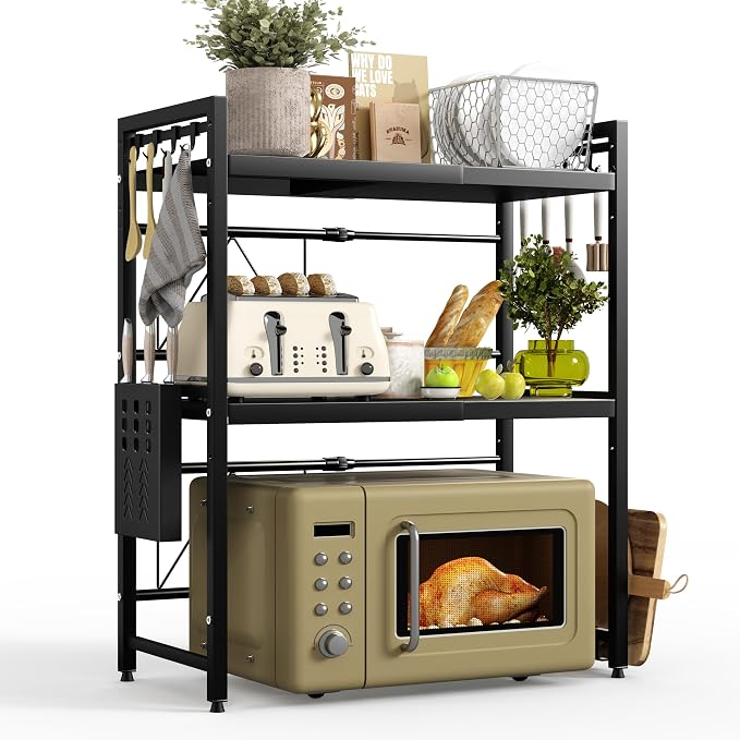 NETEL Expandable Microwave Stand with Cutting Board Holder and Knife Holder,3 Tier Metal Kitchen Countertop Organizer Shelves with 8 Hooks,Bakers Rack,110lbs Weight Capacity,Black