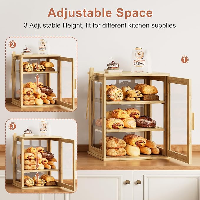 WOWLIVE Bamboo Bread Box for Kitchen Countertop, Large 3 Layers Bread Storage Container for Homemade Bread with Window, Farmhouse Breadbox Organizer for Kitchen, Cabinet, Pantry (Natural, Extra Large)