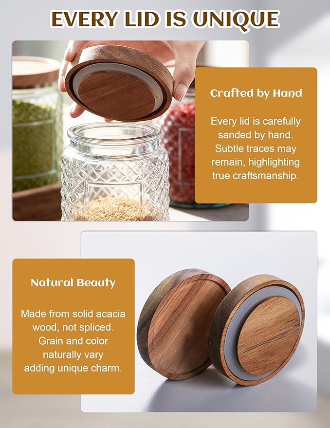 Glass Jar with Wood Lid and Label - 24 OZ Small Airtight Storage Container for Kitchen Pantry Bathroom Countertop, Decorative Vintage Canister for Candy, Cookie, Treat, Sugar, Coffee, Tea, Salt, Nuts