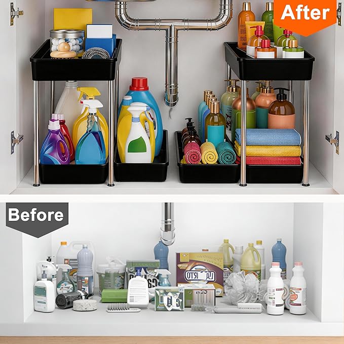 2-Tier Under Sink Organizer with Smooth Rolling Wheels, Pull-Out Bottom Storage Drawer with Easy-Lift Handle, Metal & Plastic Sliding Cabinet Organizer for Kitchen & Bathroom, Black, 2 Pack