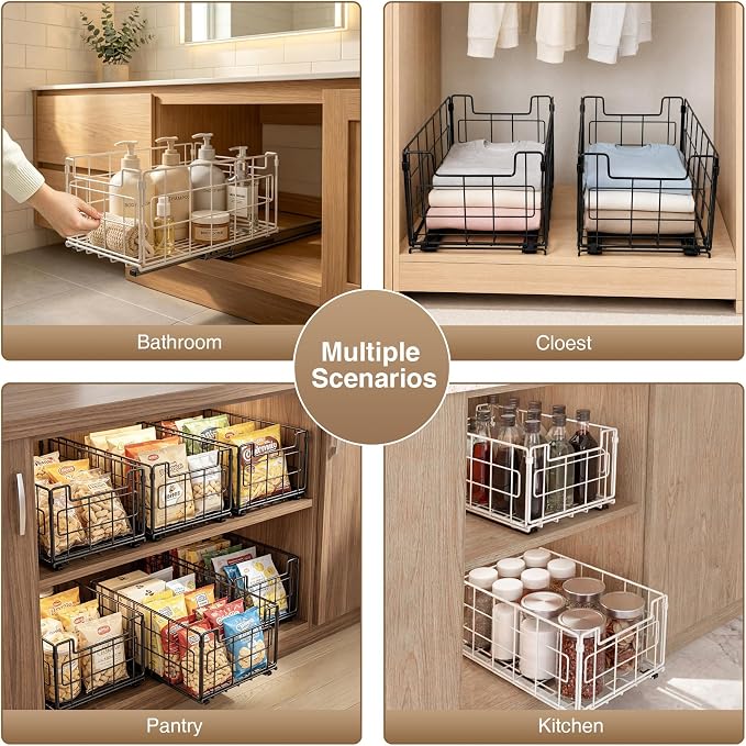 Pull Out Cabinet Sliding Basket Organizer, Heavy Duty Slide Out Drawer for Kitchen Cabinet, No Drill Adhesive Sliding Shelves for Kitchen Bathroom Home, 13.8" D x 8.5" W x 6.3" H, Black
