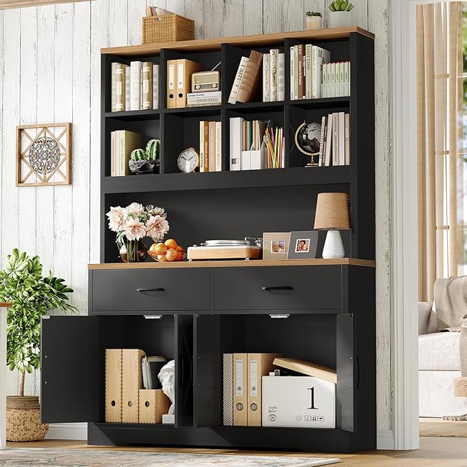 TEENFON Bookshelf and Bookcase, 5 Tier Floor Standing Bookshelves, Large Bookcases with Drawers and Storage Cabinet, 8 Open Storage Shelves and Printer Stand for Study, Living Room, Office