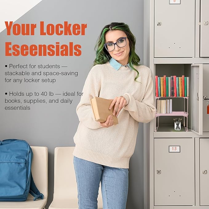 Locker Organizer Shelf, Stackable, Extra Tall, Fits Standard Size School Lockers (Pink 2 Pack)