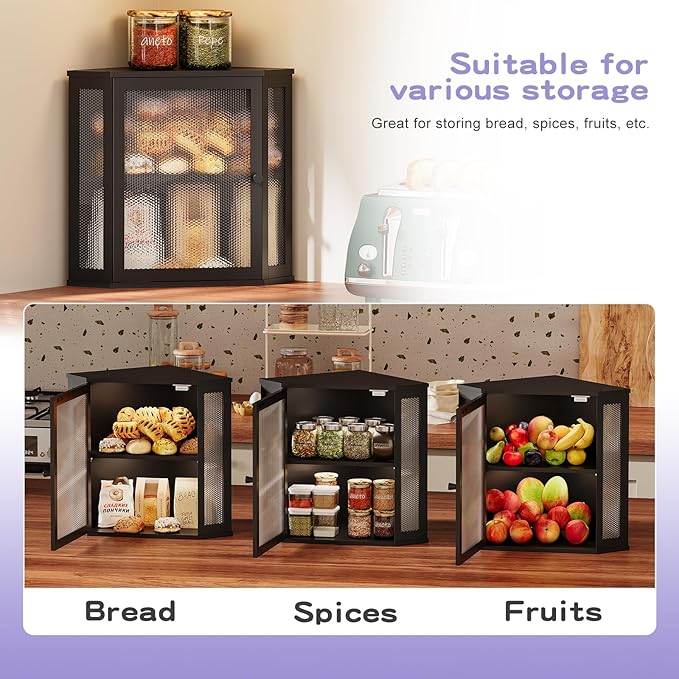 Bamboo Bread Box with Acrylic Window Display, Kitchen Countertop Storage,(Black, Medium)