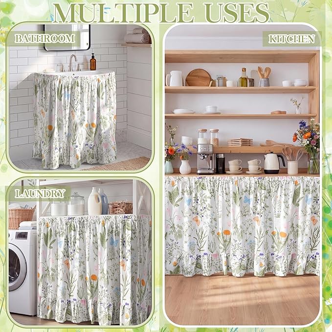 VitalCozy Cabinet Curtain 28" W x 51" L Sink Skirt for Bathroom Kitchen Wildflower Botanical Ruffles Spring Short Curtain for Home Classroom Farmhouse Drape Under Desk Privacy Drape for Laundry Room