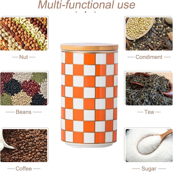 Kitchen countertop ceramic grid pattern airtight jar set - a set of 3 kitchen jars with layered shelves, sealed countertop flour and sugar containers, coffee and tea storage (Orange)