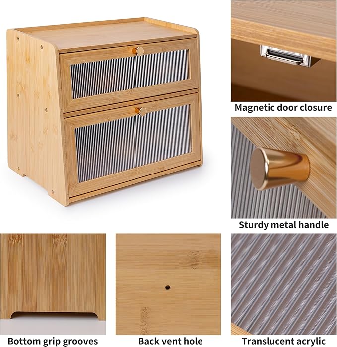 Beautiful Bamboo Bread Box for Kitchen Countertop Non-toxic Double Layer Wooden Breadbox Vitamin Organizer Supplement Bottle Organizer Vitamin Bottle Storage Food-Safe (Assemble Instruction Updated)