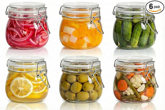 HomArtist Glass Jars with Airtight Lid Set of 6, 17 floz Wide Mouth Mason Jars with Clamp Lids,Glass Sealed Jars with Air Tight Lids, Best for Kitchen & Pantry Food Storage