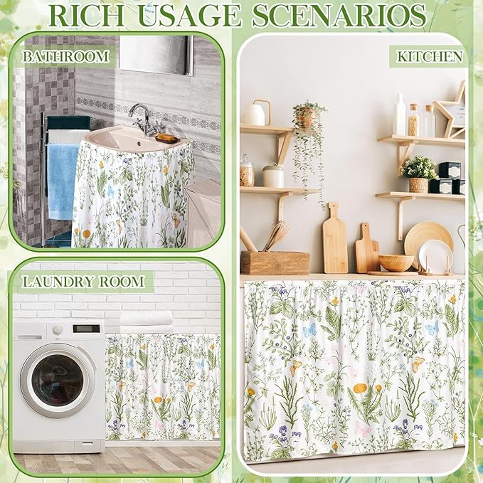 VitalCozy Cabinet Curtains 28"w x 51"L Sink Skirt for Bathroom Diamond Stitch Self Adhesive Waterproof Fabric Short Curtains for Kitchen Floral Dishwasher Curtain Cover for Home Farmhouse Rustic Drape